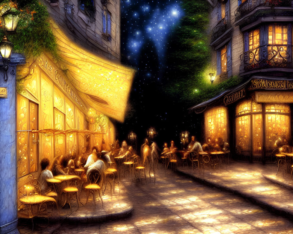 Vibrant outdoor café scene with diners under glowing lights