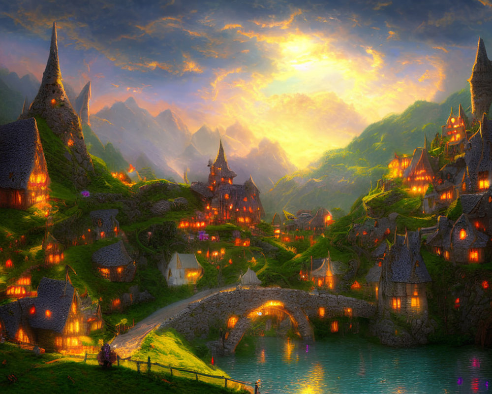 Fantasy village with illuminated houses in mountainous landscape at dusk