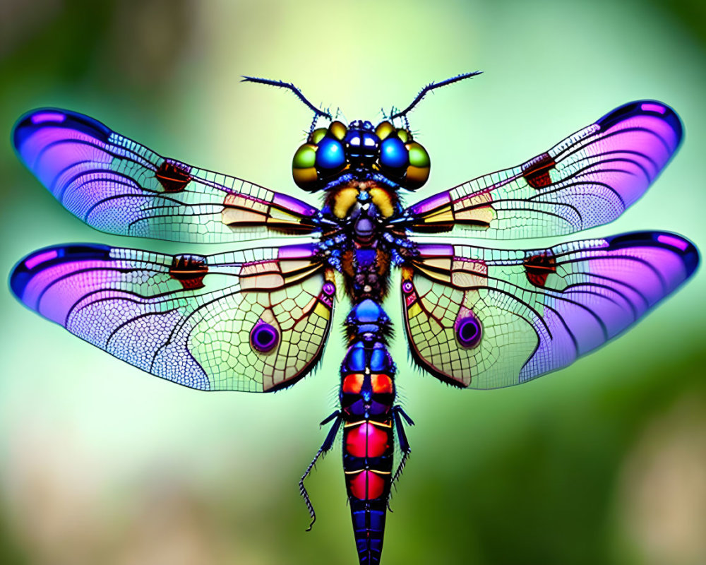 Colorful Dragonfly with Blue and Purple Hues on Green Background