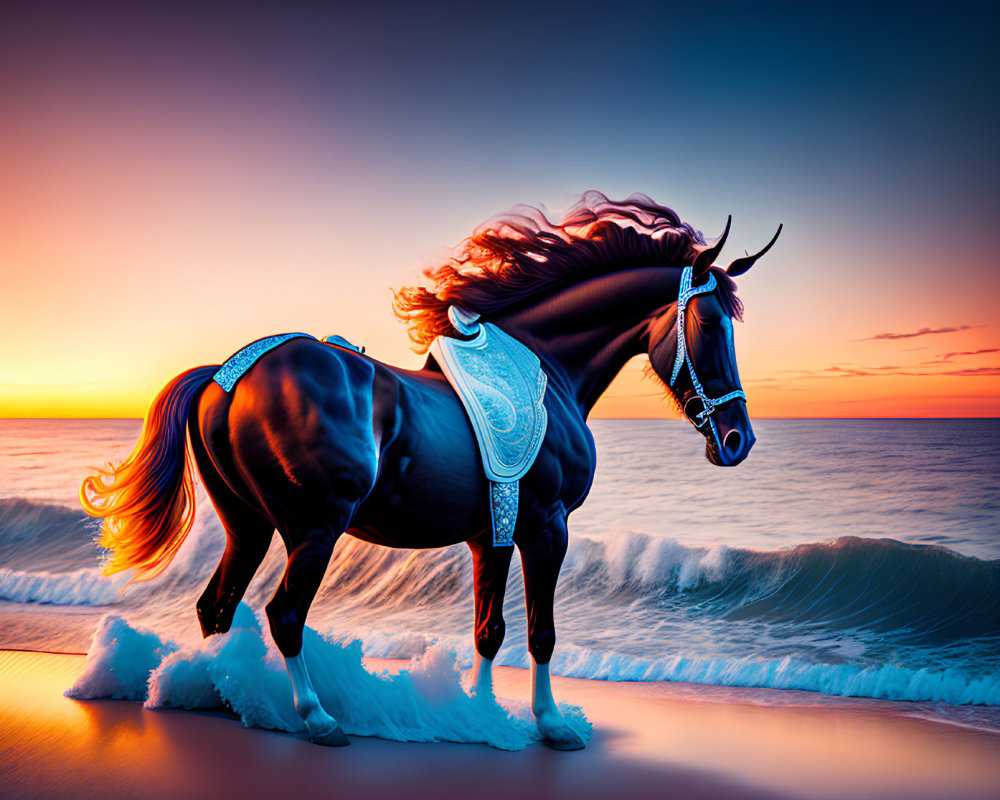 Majestic horse with flowing mane on beach at sunset