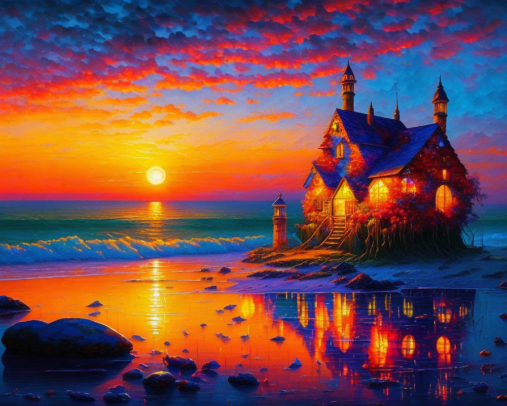 Scenic painting: Quaint house by the sea at sunset