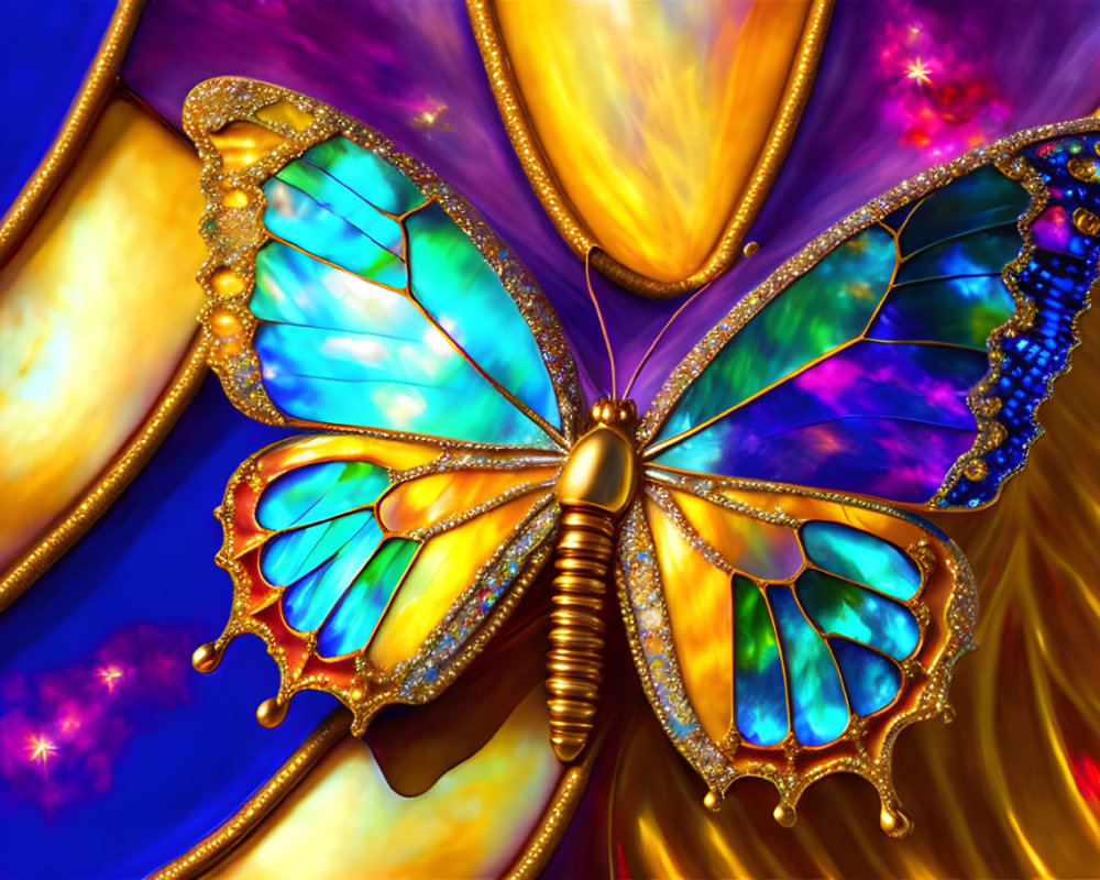 Colorful Butterfly Artwork with Iridescent Blue Wings and Gold Details