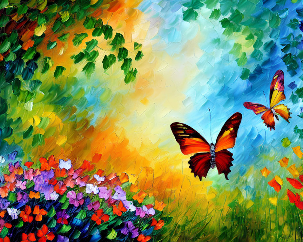 Vibrant impressionist painting of a garden with butterflies and colorful flowers