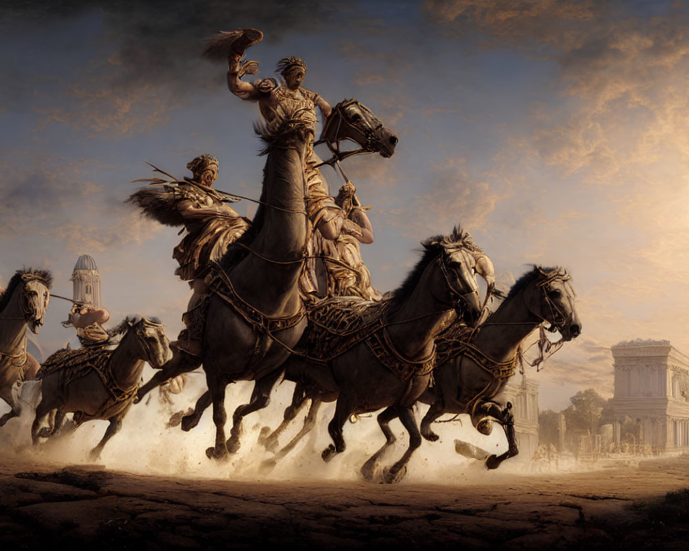 Group of Riders on Horseback Charging Through Dusty Landscape with Classical Architecture and Sun Peering Through Cloud