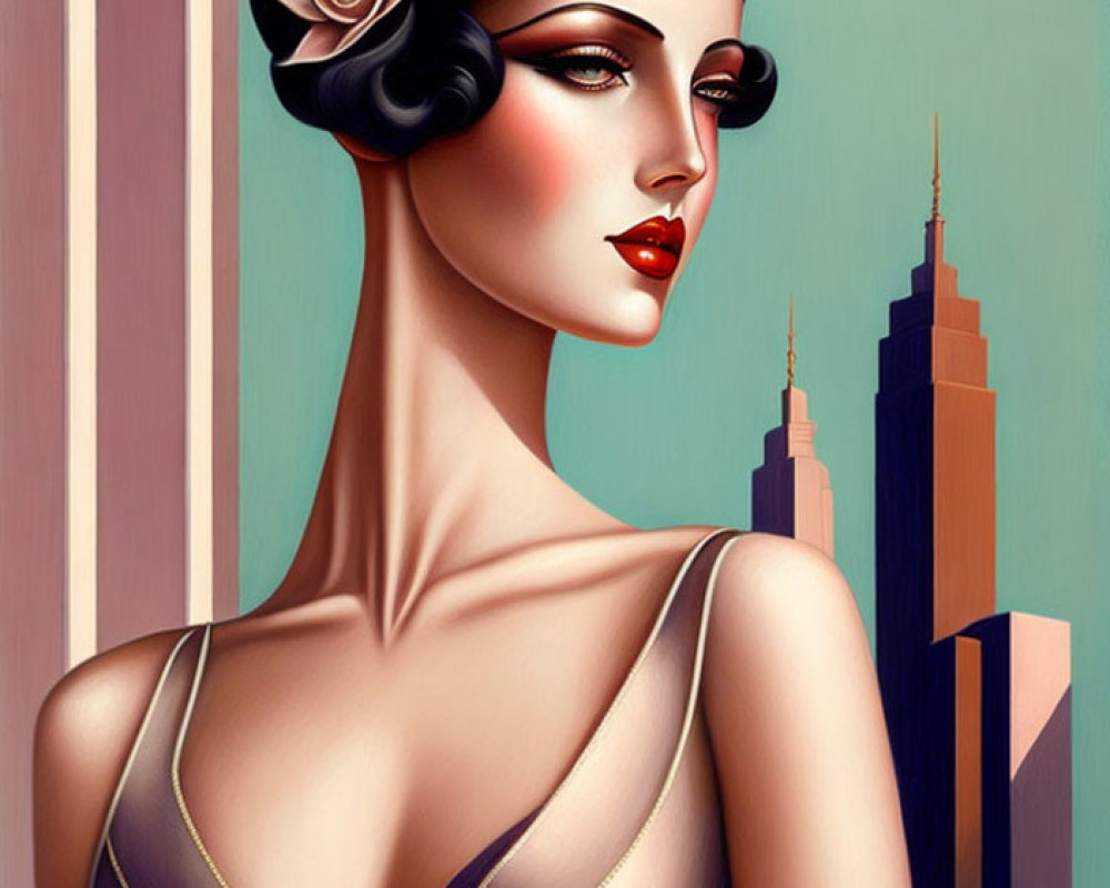 Art Deco Style Woman Illustration with 1920s Fashion & Cityscape