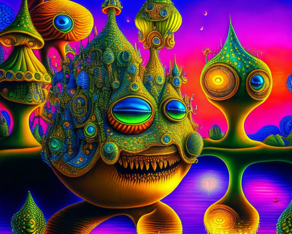 Colorful Psychedelic Landscape with Mushroom Structures and Twilight Sky