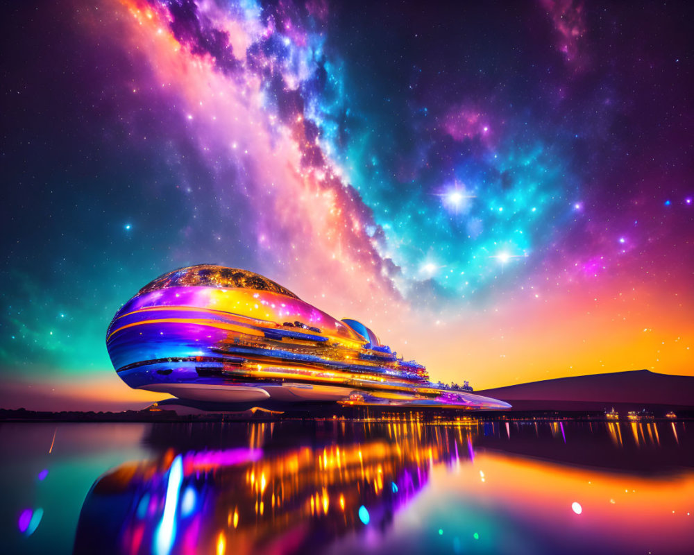 Futuristic lakeside building under vibrant starry night sky