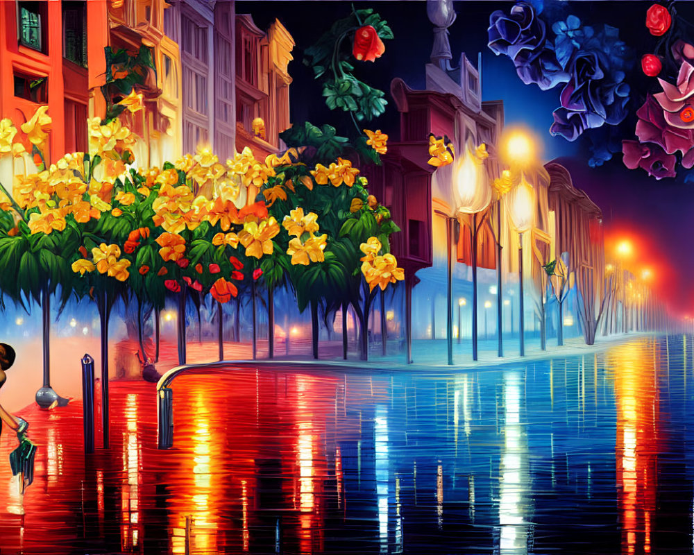 Colorful Night Streetscape with Woman in Black Dress, Flowers, Lamps, and Water Reflections