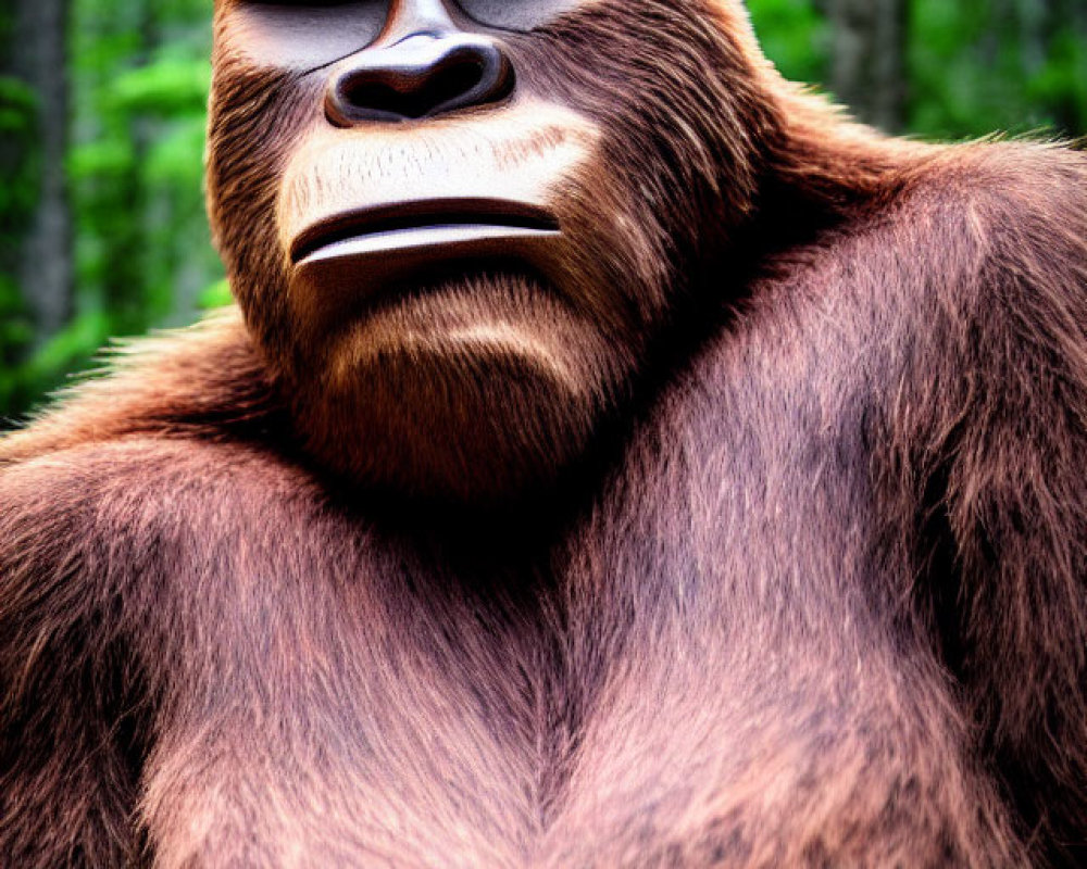 Detailed Gorilla Portrait Against Blurred Forest Background