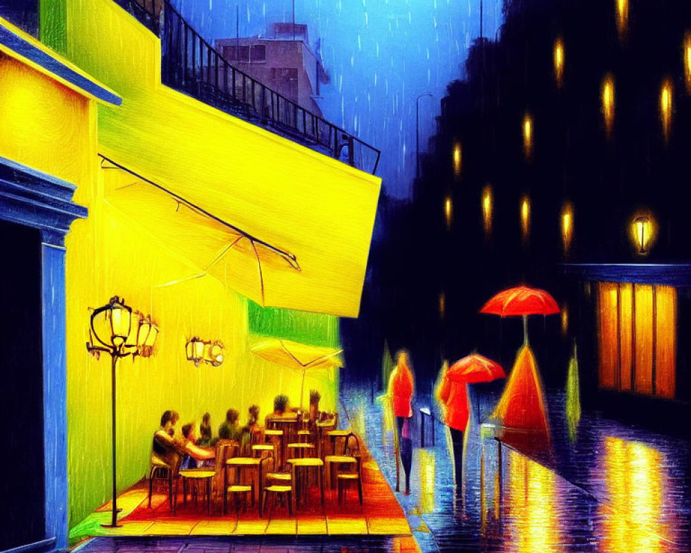 Vibrant artwork of rainy evening street scene with people at cafe under awning.