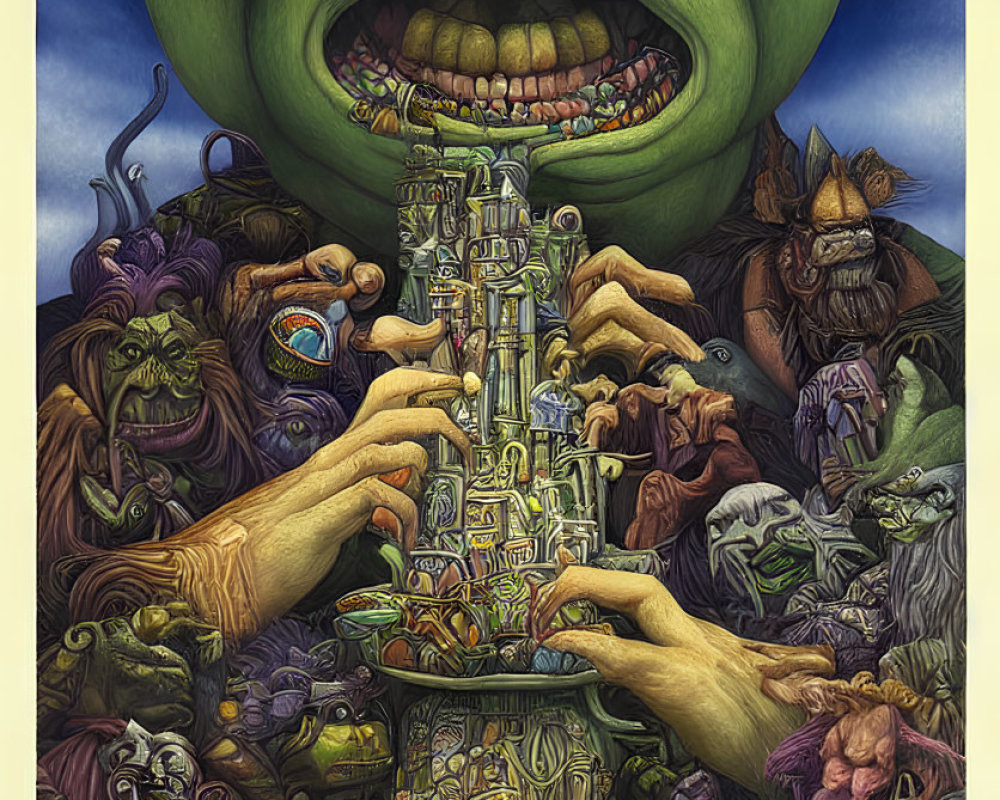 Colorful artwork: giant green face over chaotic scene with eccentric characters and intricate structure