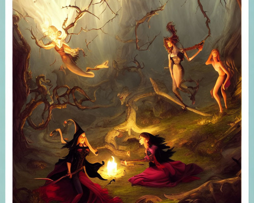 Four witches in enchanted forest casting spells and flying among ethereal spirits