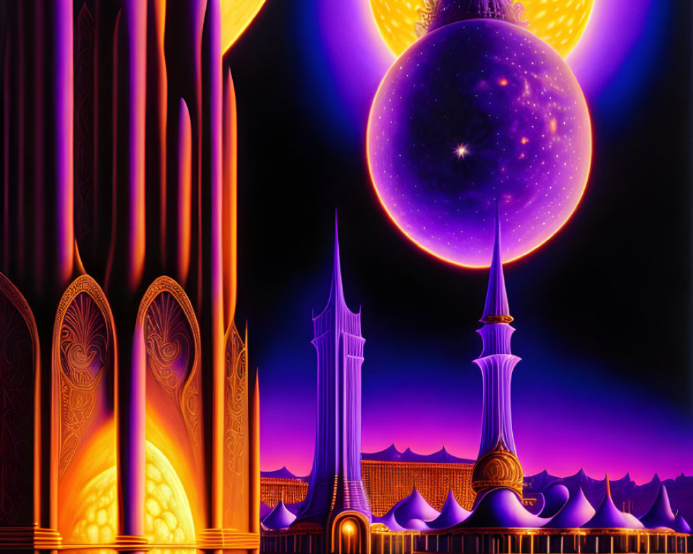 Fantasy landscape with glowing palace under celestial sky