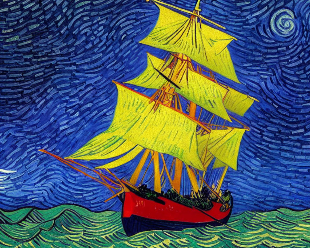 Colorful painting of red sailing ship on wavy sea under blue night sky