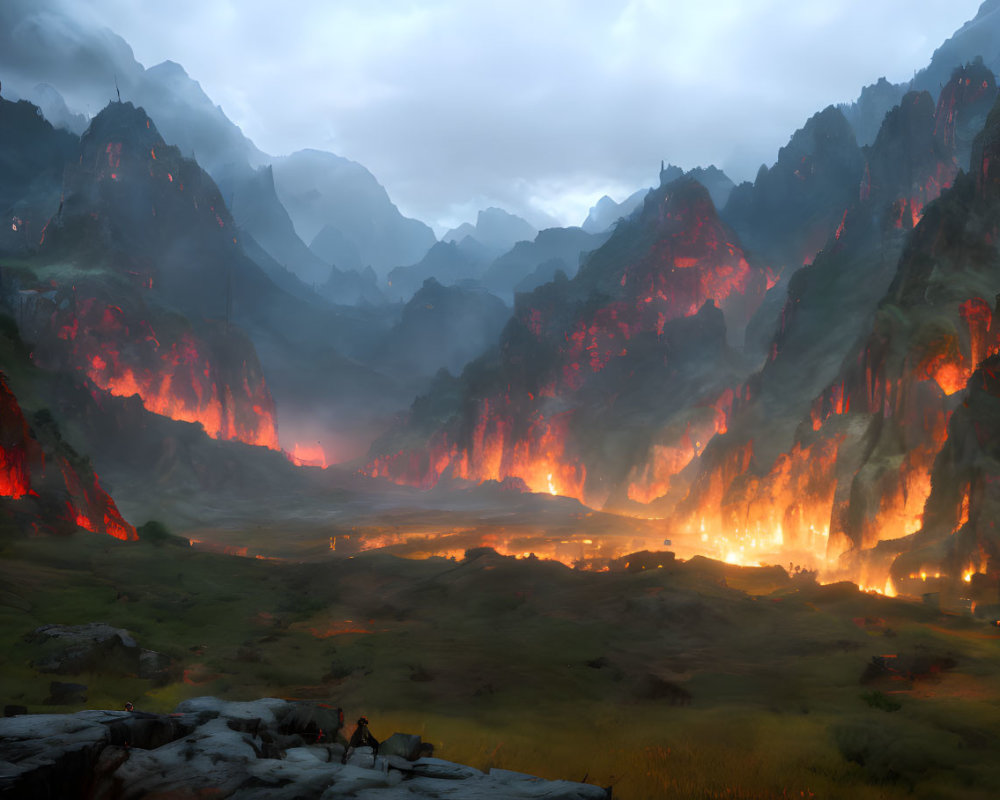 Volcanic valley with flowing lava and illuminated mountainsides