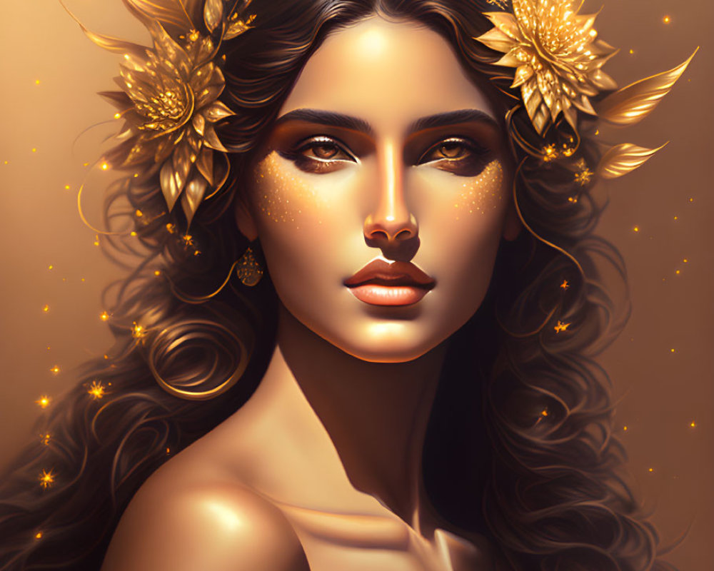 Digital portrait of woman with golden hair accessories and sparkling skin