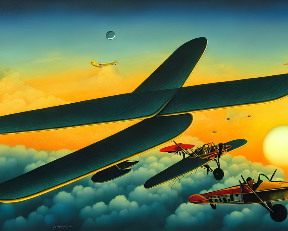 Surreal painting: Giant glider above clouds, sunset, smaller planes, crescent moon