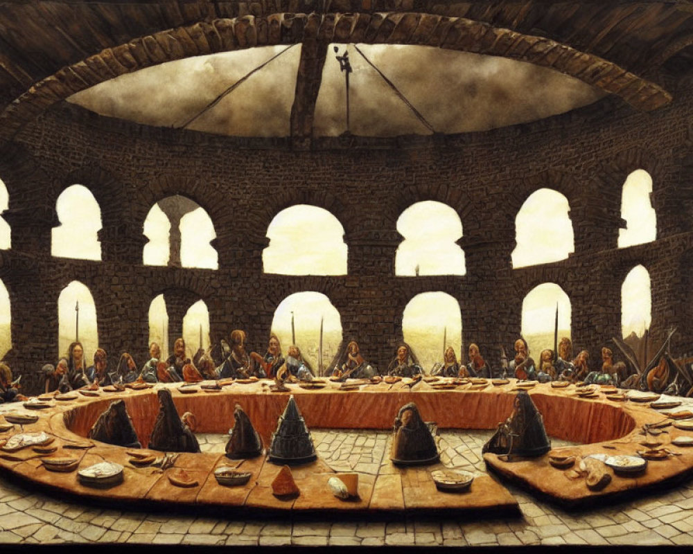 Circular Medieval Hall with Stone Walls and Arched Windows Hosting Gathering of Individuals Around U-Shaped Table