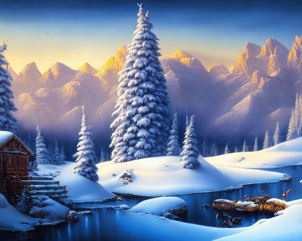 Snow-covered trees, wooden cabin, frozen river: Serene winter landscape at twilight