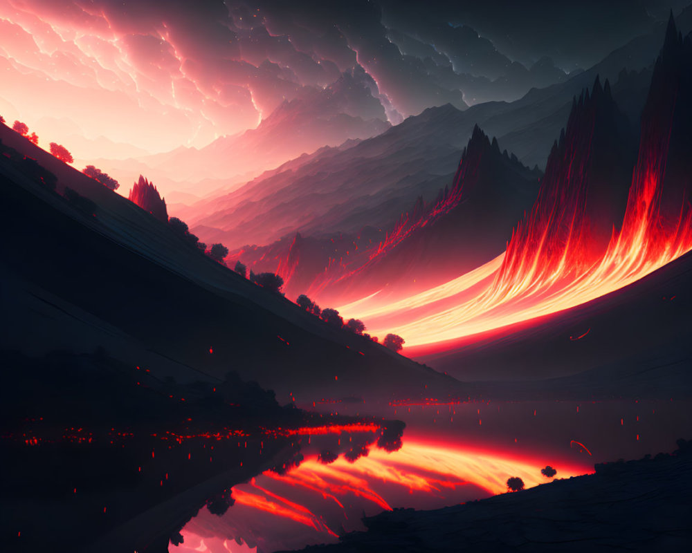 Vivid landscape with fiery red mountains under dynamic sky