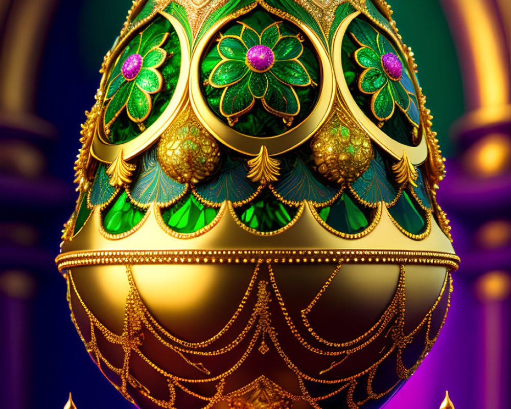 Intricately Decorated Golden Egg with Emerald Accents and Magenta Flowers on Purple Background