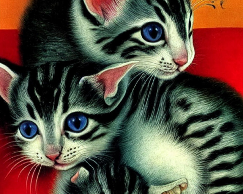 Three Cartoon Kittens Playing with Butterfly on Orange Background