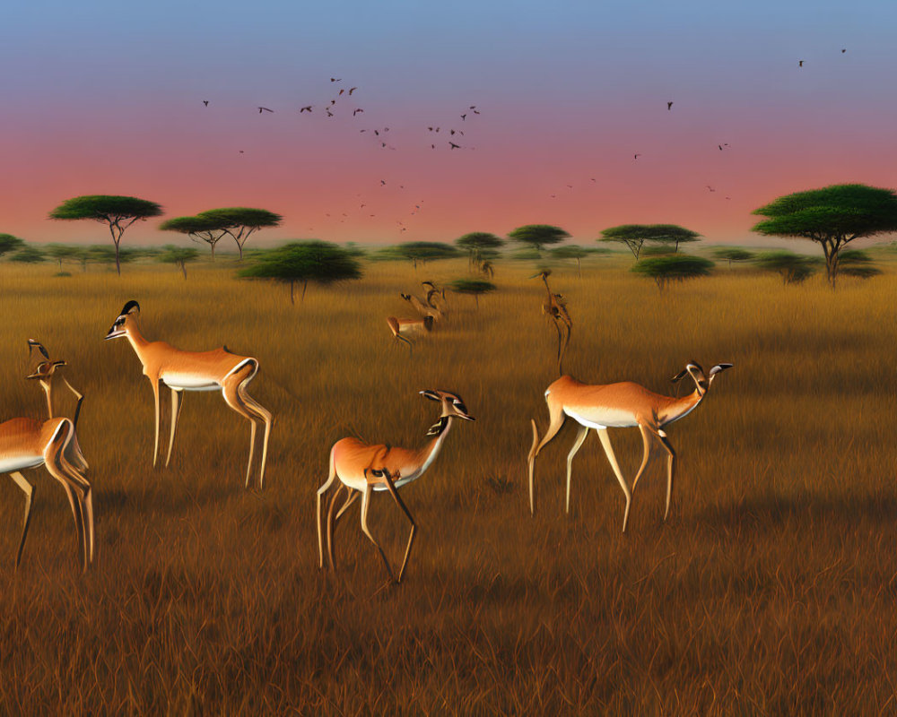 Tranquil savannah sunset with grazing gazelles and acacia trees