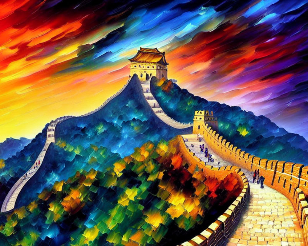 Colorful painting of Great Wall of China under dramatic sunset sky