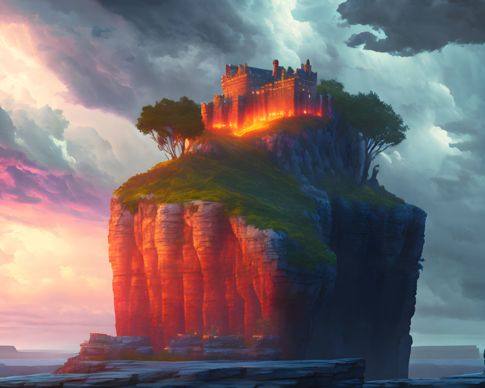 Majestic castle on steep cliff at dusk with glowing windows