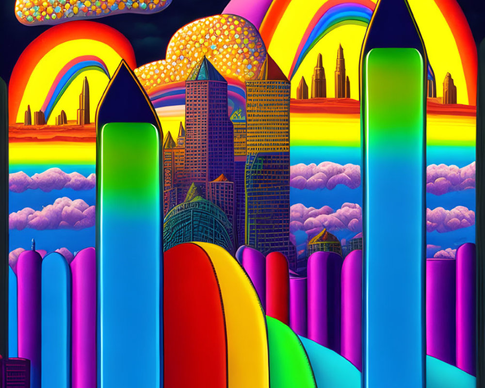 Colorful Cityscape with Rainbow Sky and Candy Clouds