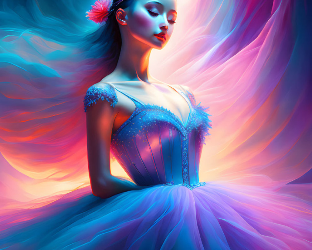 Woman in Blue Dress with Flower Against Colorful Abstract Background