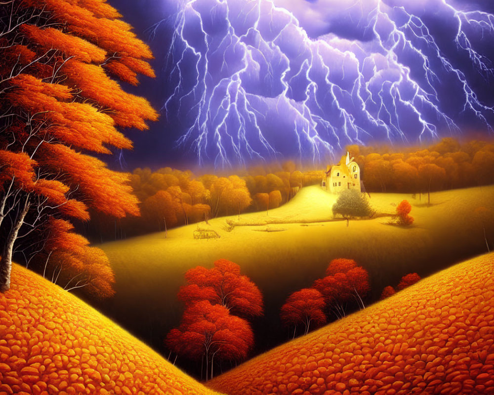 Orange Trees and Lightning Strikes in Dramatic Autumn Landscape