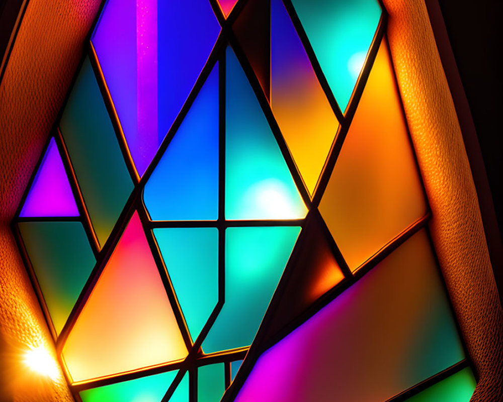 Vibrant geometric stained glass window with colorful patterns