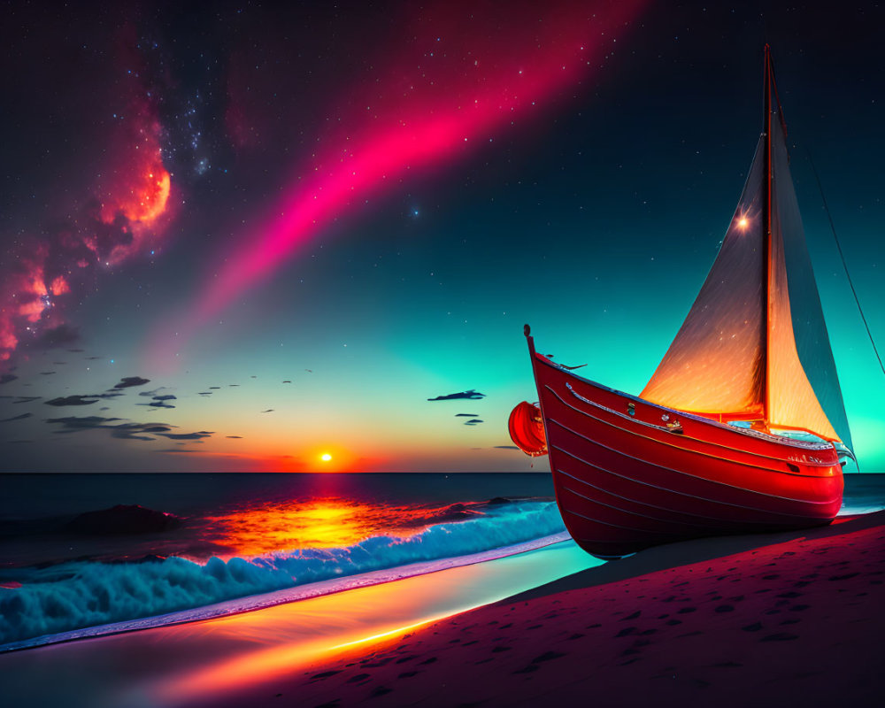 Sailboat on beach at sunset with vivid aurora and starry sky