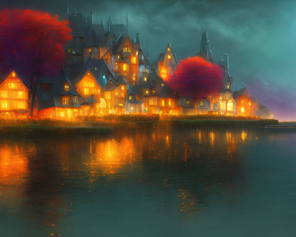 Riverside scene at dusk: illuminated houses, red trees, glowing moon