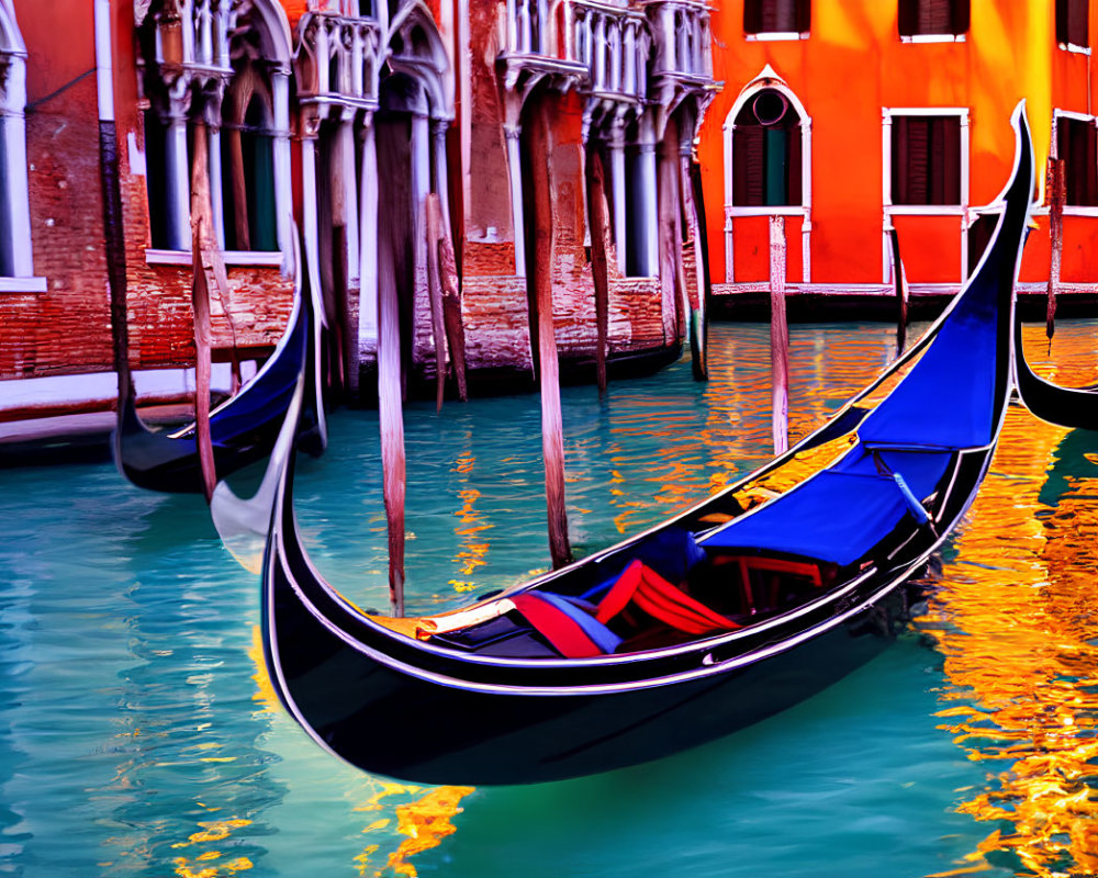 Venetian canal scene with gondola and orange buildings reflected in teal waters