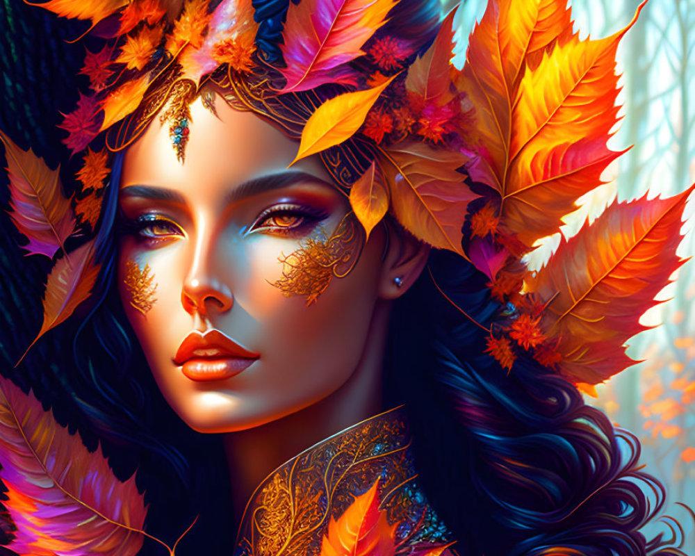 Autumn-themed woman illustration with golden details in forest setting