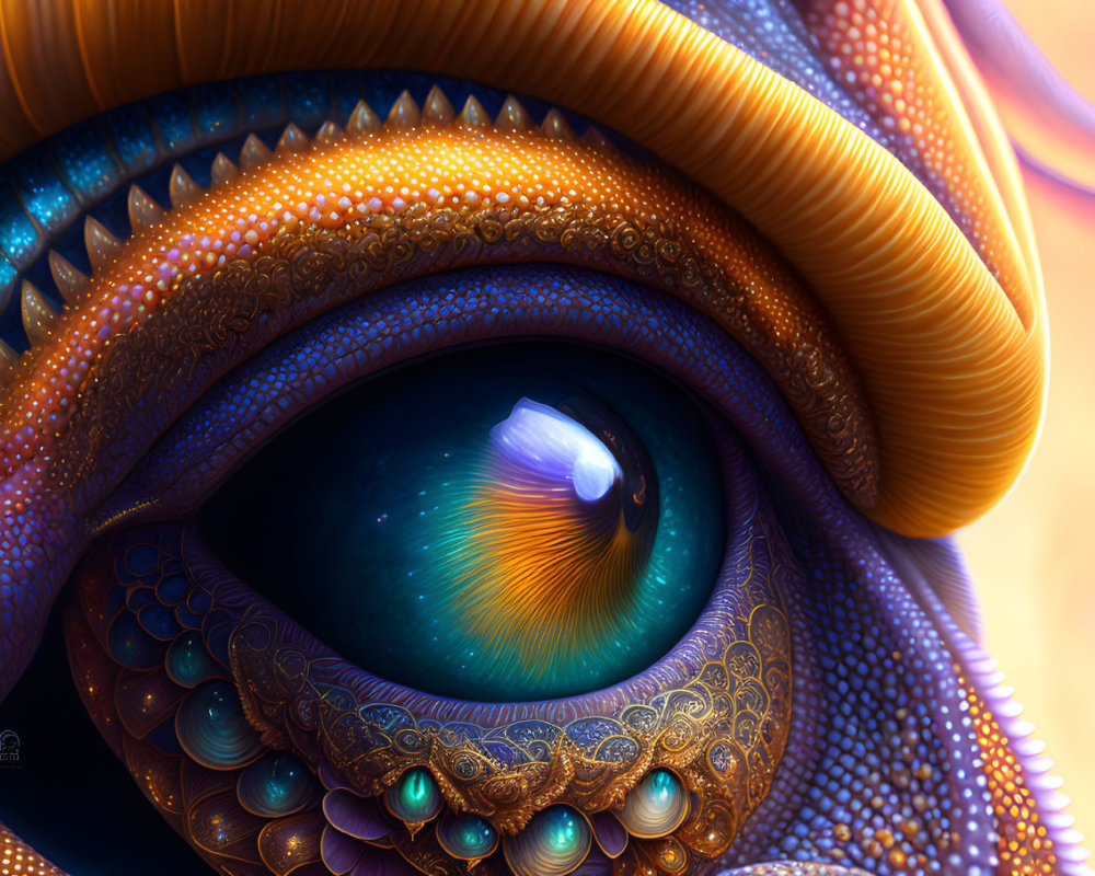 Colorful close-up digital artwork of textured eye with fantasy scales.