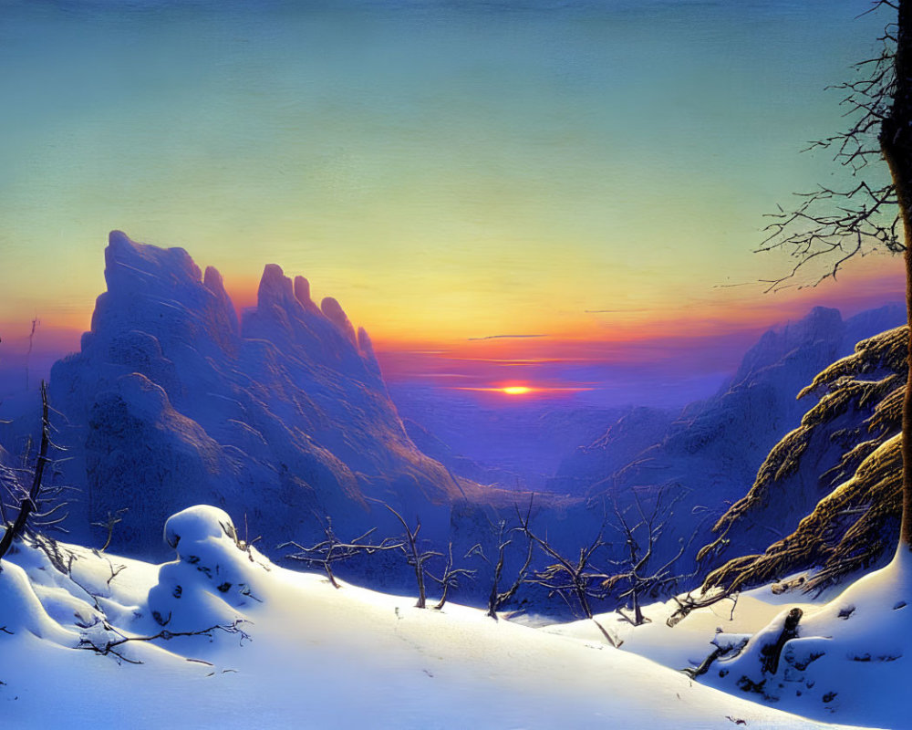 Snow-covered terrain, bare trees, and mountains under winter sunset sky