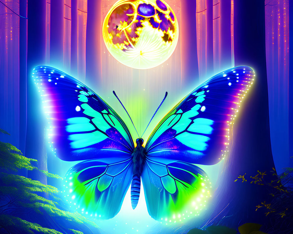 Luminous blue butterfly in mystical forest with glowing moon