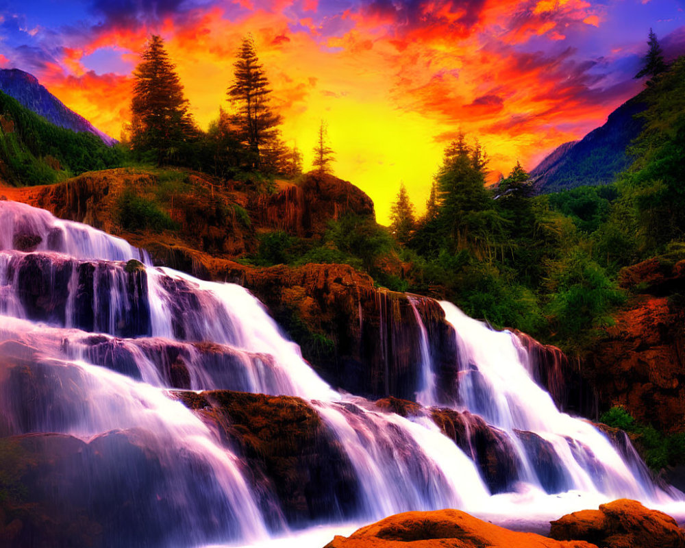 Scenic sunset with fiery clouds over lush waterfall and rocks