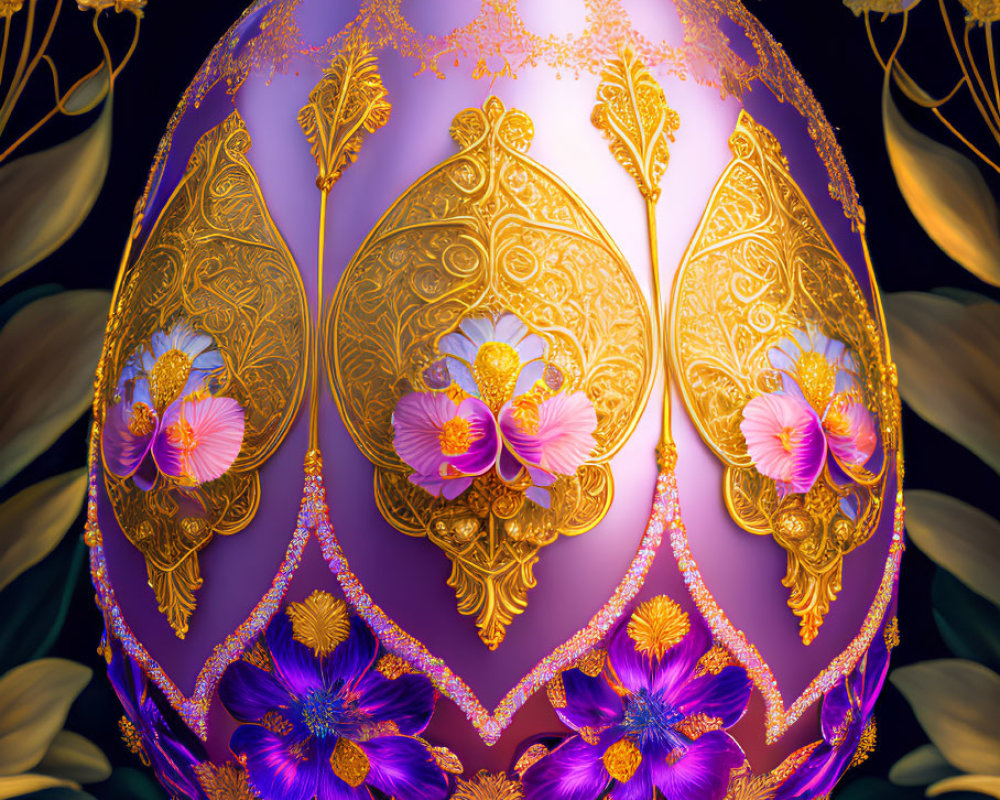 Intricate gold patterns on ornate Easter egg with vibrant flowers on dark background