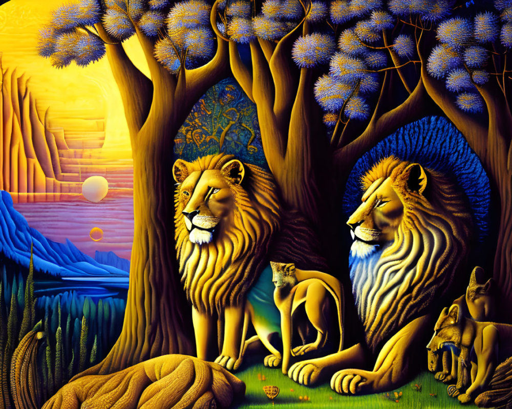 Colorful Family of Lions Painting with Mystical Tree & Abstract Nature