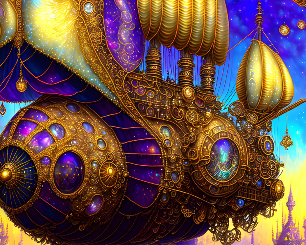 Fantastical airship with gold and gems in starry sky.