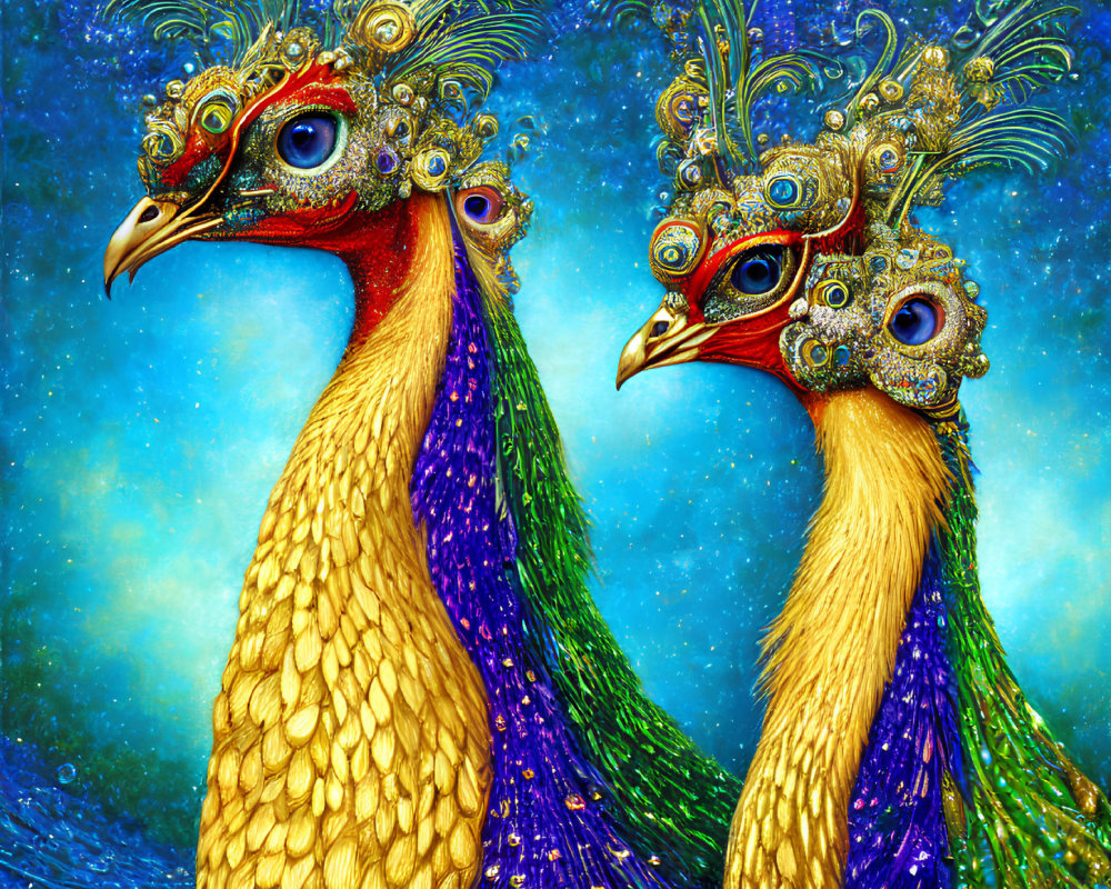 Ornately Decorated Peacocks with Vibrant Feathers on Blue Background