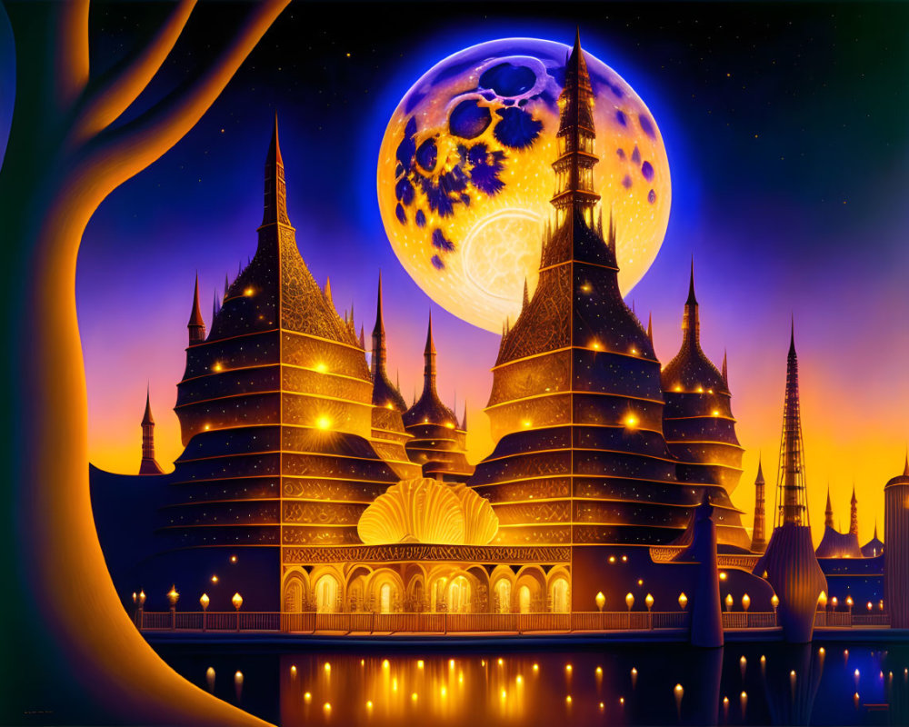 Vibrant castle with spires under detailed moon in purple night sky