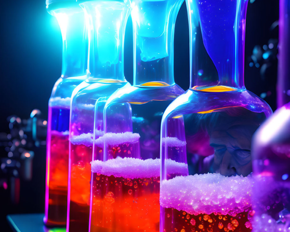 Neon liquids in laboratory flasks with bubbles and fog on dark background