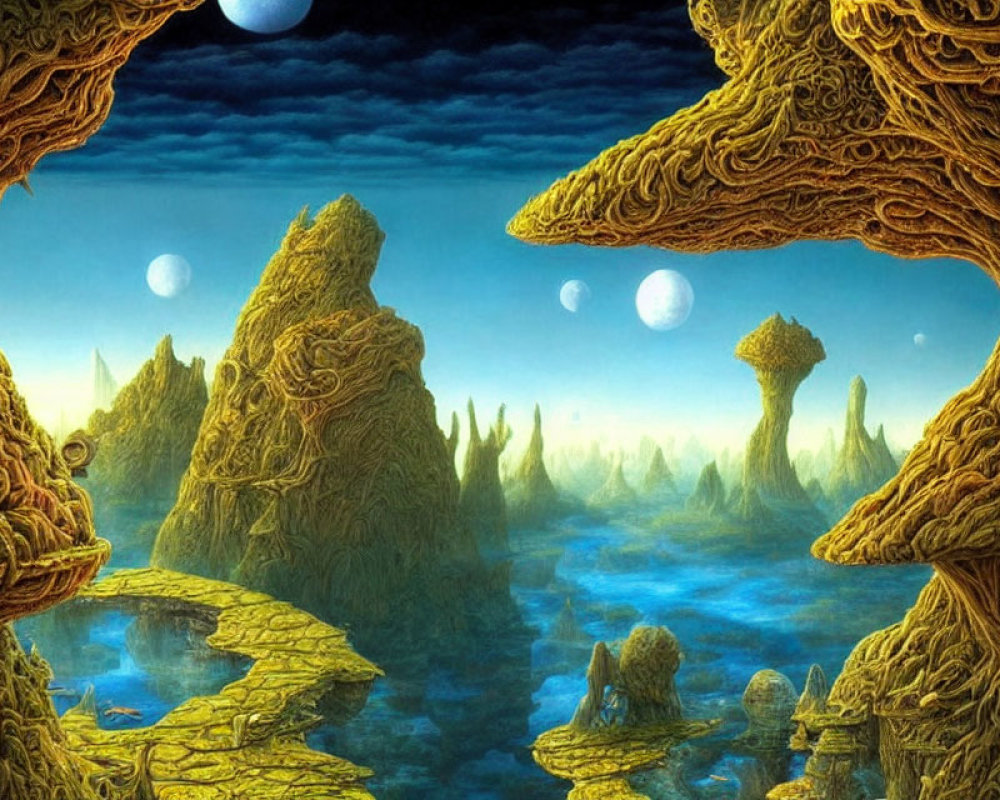 Surreal landscape with rocky formations and floating spheres