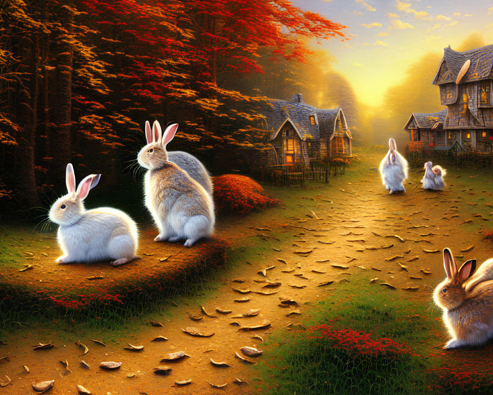 Idyllic autumnal scene: rabbits in front of thatched-roof cottages