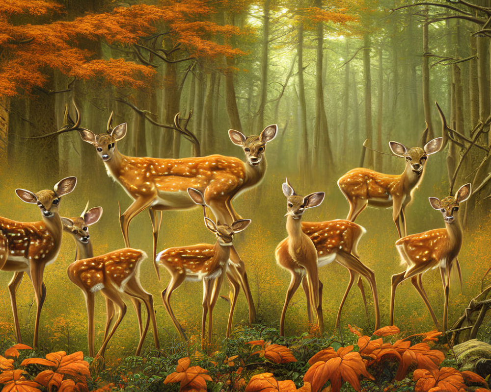 Spotted deer in autumn forest with pumpkins